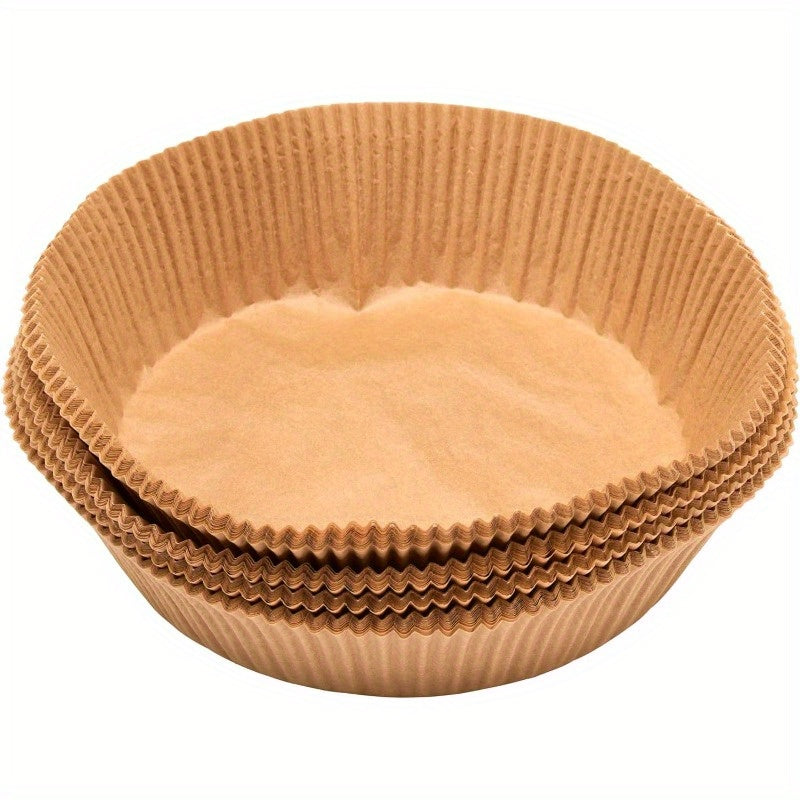 100-Pack of Round Baking Liners Made from Non-Stick, Greaseproof Silicone Paper, Suitable for Cakes And Pies, Also Usable As Air Fryer Liners., Also Used as Skillet Covers, Oven Cups, Roasting Folds, Meat, Vegetable, And Fruit Preparation, Paper Pans for