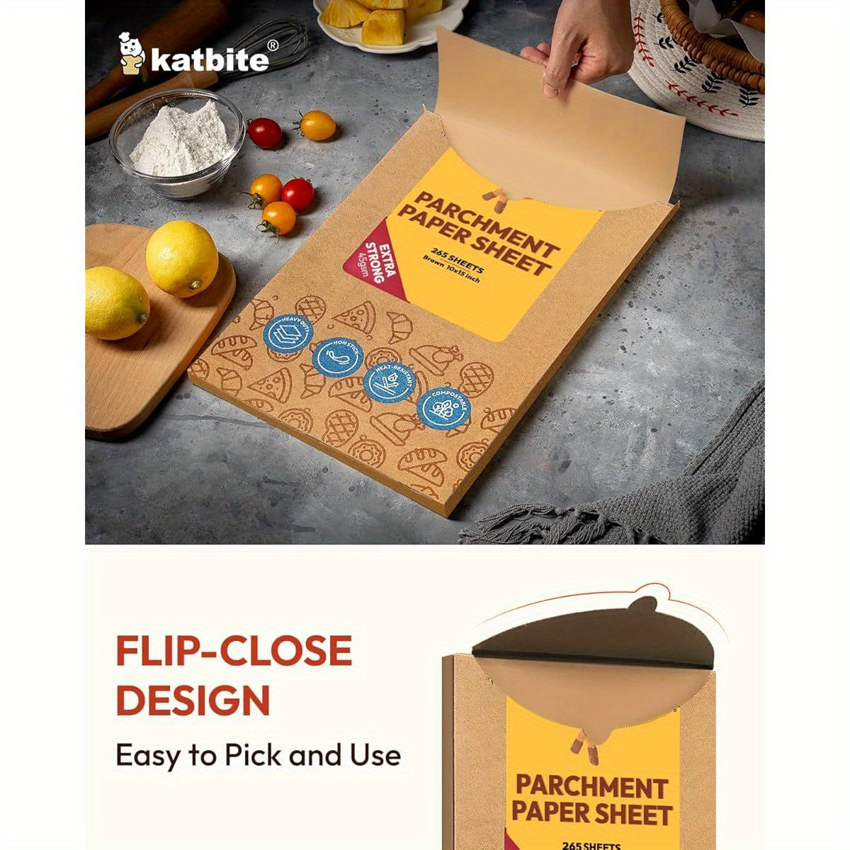 265-Sheet Katbite Heavy Duty Unbleached Baking Paper - Non-Stick, Oil Proof, Pre-Cut Large 10x15 Inch Sheets for Pizza, Bread, Cakes, Pastries, Dumplings - Perfect for Home & Professional Kitchens - Advanced Series, Steaming Cooking Wrap