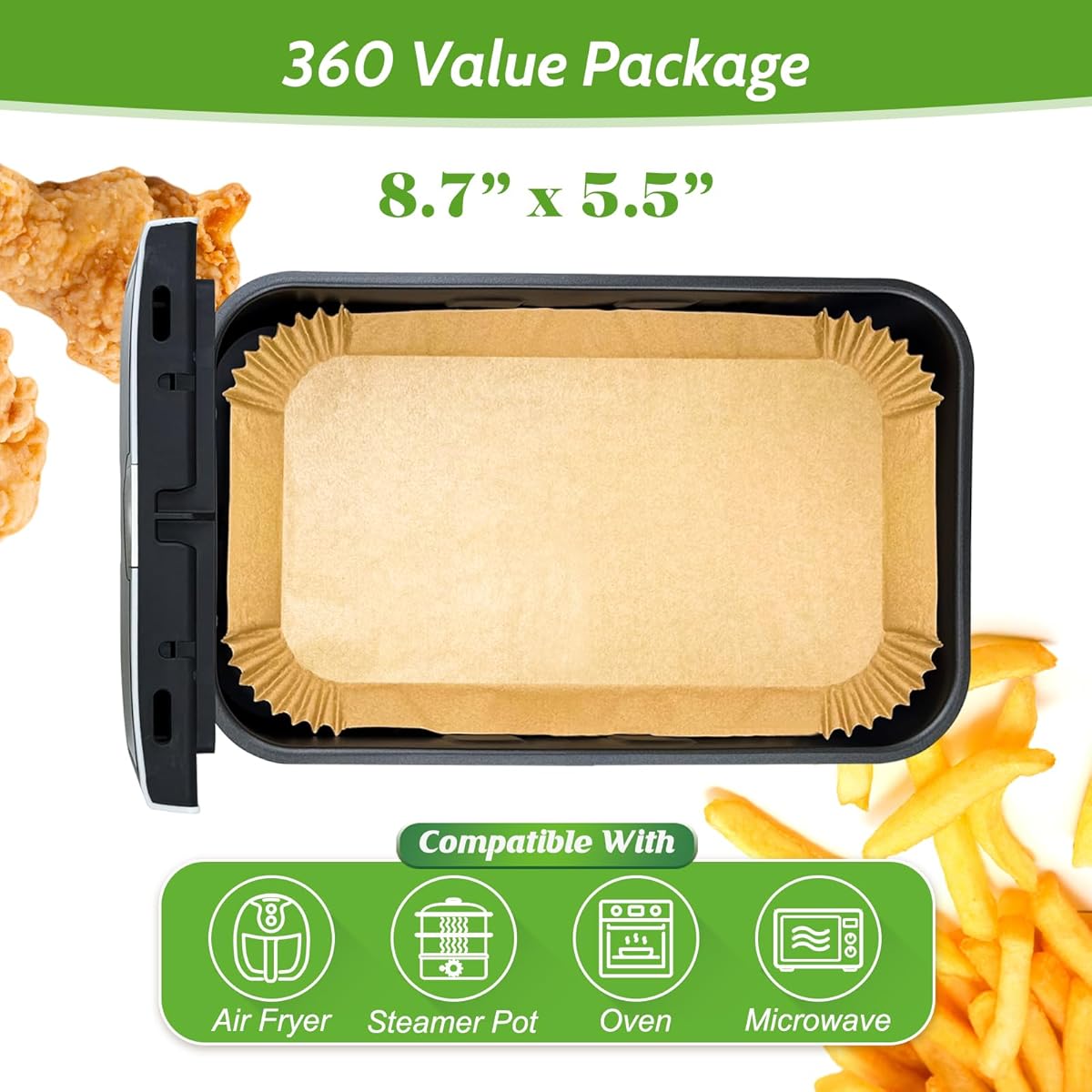 360pcs 8. 7" x 5. 5" Unbleached Heavy Duty Air Fryer Paper Liners Disposable, Non-Stick & Non-Leak Parchment Paper Liners for Airfryer Basket, Deep Fryer Parts & Accessories, Air Fryer Liners Non Stick, Air Fryer Butter Paper, Air Fryer Liners Large Size,