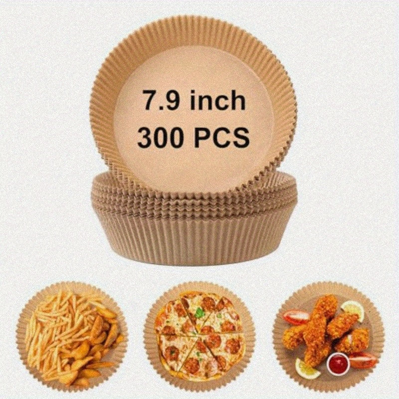 300pcs 7.9 Inch Round Air Fryer Baking Paper Liners - Non-Stick Parchment Sheets, Heat-Resistant up to 428°F, Compatible with 5-8QT Air Fryers, Microwaves, Ovens & Frying Pans - Disposable Greaseproof Liners for Pizza, Chicken Wings, Snacks (Natural Wood