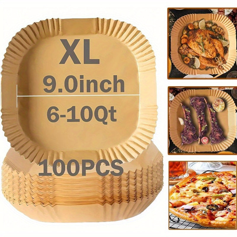 100pcs Air Fryer Liners Disposable 9.0''XL Square Parchment Paper - Non-Stick, Waterproof & Oil-Proof Thickened Baking Sheets with Wavy Edging for Oven, Microwave, Steamer - Fits 9-10.5" Air Fryers, Air Fryer Disposable Paper Liner, Oven Cooking Sheets,