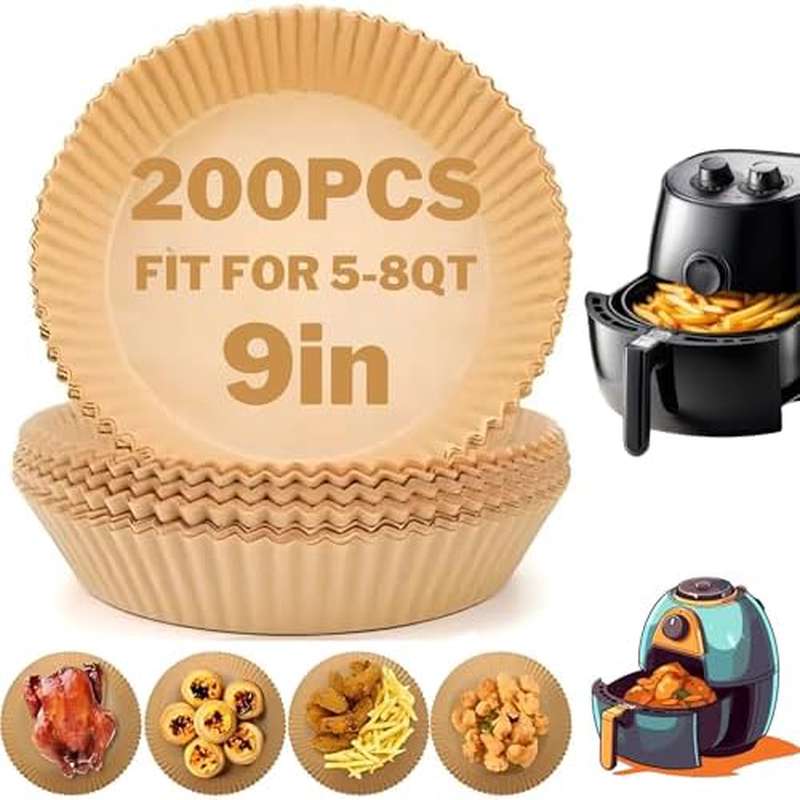 200pcs Heavy-Duty Non-Stick Air Fryer Liners - Oil-Proof, Waterproof, Pre-Cut Rounded edges for 5-8QT Fryers, Oven, Microwave, toaster ovens - Parchment Paper Sheets (200 Count) - Easy Cleanup, Mess-Free Cooking, Food Safe - Compatible with Most Air