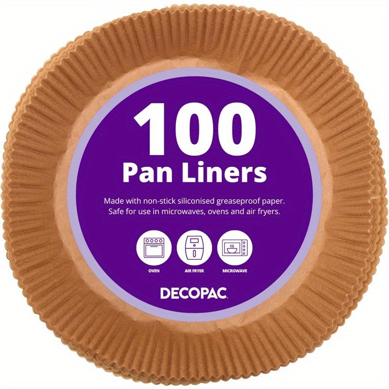100-Pack of Round Baking Liners Made from Non-Stick, Greaseproof Silicone Paper, Suitable for Cakes And Pies, Also Usable As Air Fryer Liners., Also Used as Skillet Covers, Oven Cups, Roasting Folds, Meat, Vegetable, And Fruit Preparation, Paper Pans for