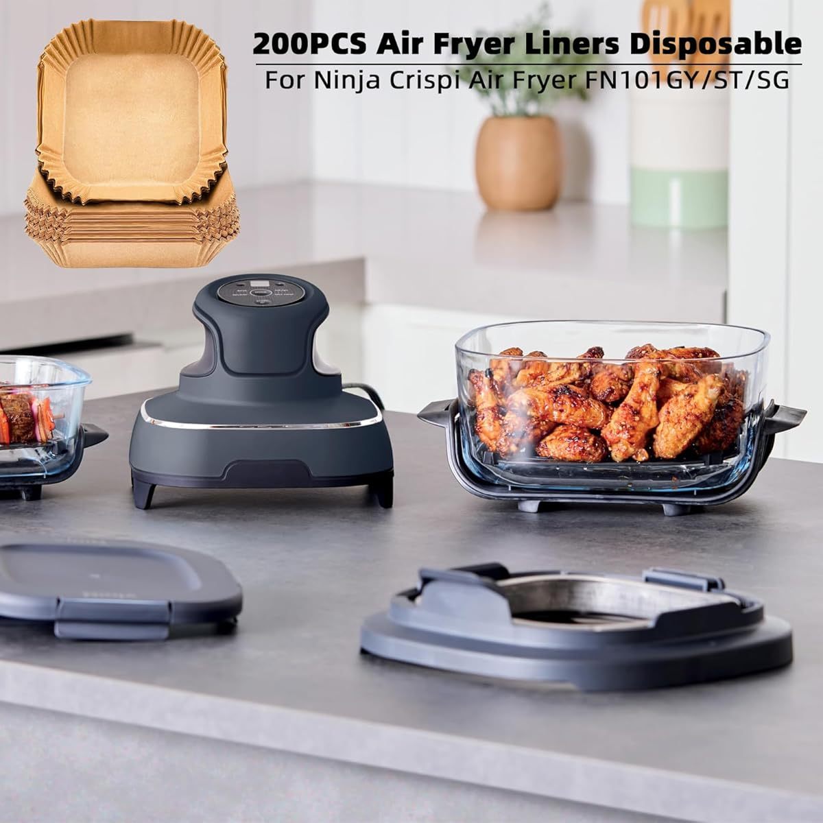200pcs LYHOLKEER Air Fryer Liners Disposable - Ninja Crispi FN101GY/ST/Series Compatible, Heavy-Duty Parchment Paper with Non-Stick Surface, High Quality & Oil-Resistant, 428°F Heat-Resistant, BPA/PFA-Free, Individually Wrapped for Easy Use - Compatible