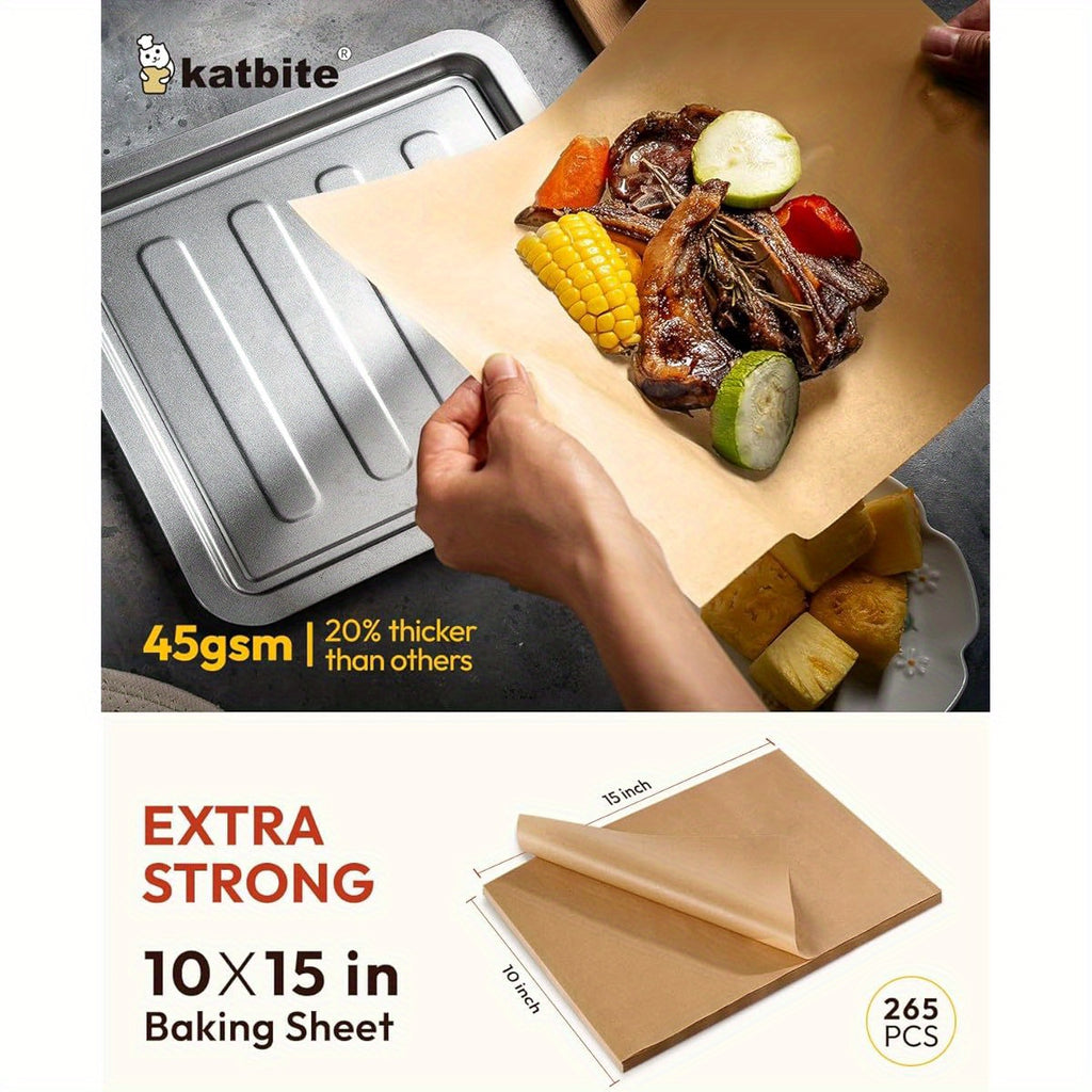 265-Sheet Katbite Heavy Duty Unbleached Baking Paper - Non-Stick, Oil Proof, Pre-Cut Large 10x15 Inch Sheets for Pizza, Bread, Cakes, Pastries, Dumplings - Perfect for Home & Professional Kitchens - Advanced Series, Steaming Cooking Wrap