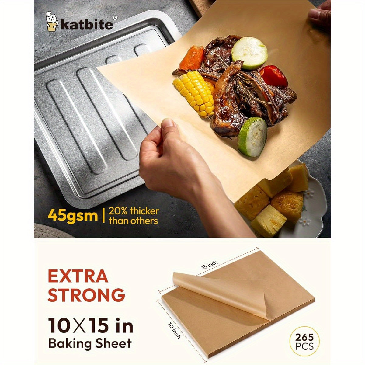 265-Sheet Katbite Heavy Duty Unbleached Baking Paper - Non-Stick, Oil Proof, Pre-Cut Large 10x15 Inch Sheets for Pizza, Bread, Cakes, Pastries, Dumplings - Perfect for Home & Professional Kitchens - Advanced Series, Steaming Cooking Wrap