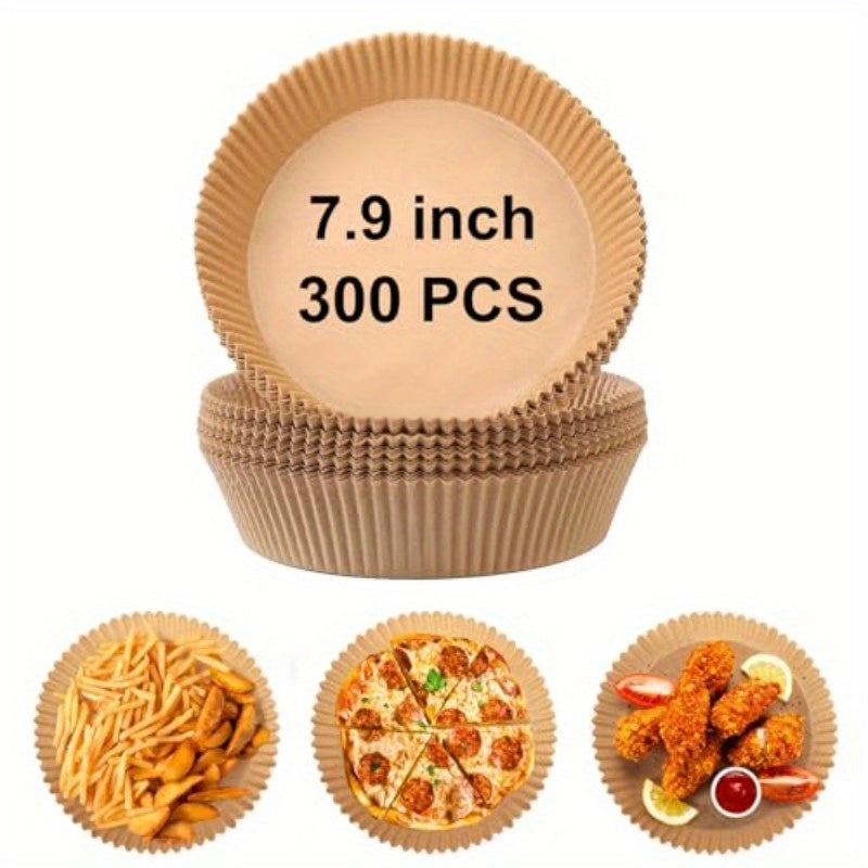 300pcs 7.9 Inch Round Air Fryer Baking Paper Liners - Non-Stick Parchment Sheets, Heat-Resistant up to 428°F, Compatible with 5-8QT Air Fryers, Microwaves, Ovens & Frying Pans - Disposable Greaseproof Liners for Pizza, Chicken Wings, Snacks (Natural Wood