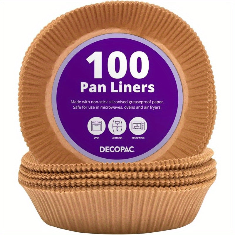 100-Pack of Round Baking Liners Made from Non-Stick, Greaseproof Silicone Paper, Suitable for Cakes And Pies, Also Usable As Air Fryer Liners., Also Used as Skillet Covers, Oven Cups, Roasting Folds, Meat, Vegetable, And Fruit Preparation, Paper Pans for