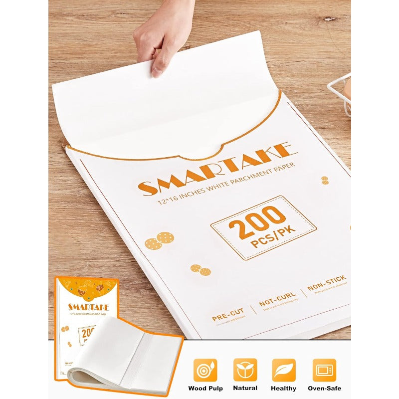 200pcs Precut Non-Stick Parchment Paper Baking Sheets 12x16 Inch - Pre-Cut to Size, No Curling, 450°F Safe, Food Grade Natural Wood Pulp for Baking, Grilling, Air Fryer, Steaming - Disposable & Space-Saving Box (, Bread, Cupcakes, Pizza), Grilling Liner,