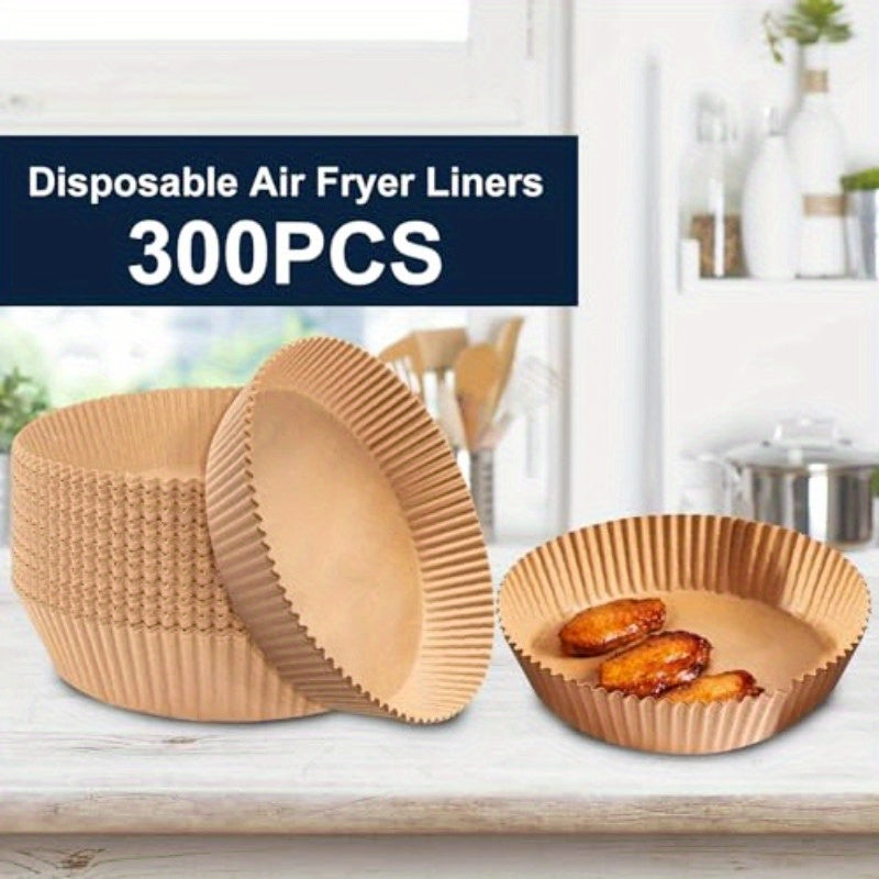 300pcs 7.9 Inch Round Air Fryer Baking Paper Liners - Non-Stick Parchment Sheets, Heat-Resistant up to 428°F, Compatible with 5-8QT Air Fryers, Microwaves, Ovens & Frying Pans - Disposable Greaseproof Liners for Pizza, Chicken Wings, Snacks (Natural Wood