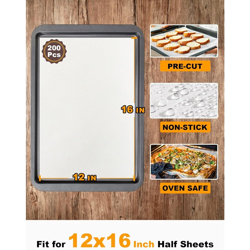 200pcs Precut Non-Stick Parchment Paper Baking Sheets 12x16 Inch - Pre-Cut to Size, No Curling, 450°F Safe, Food Grade Natural Wood Pulp for Baking, Grilling, Air Fryer, Steaming - Disposable & Space-Saving Box (, Bread, Cupcakes, Pizza), Grilling Liner,
