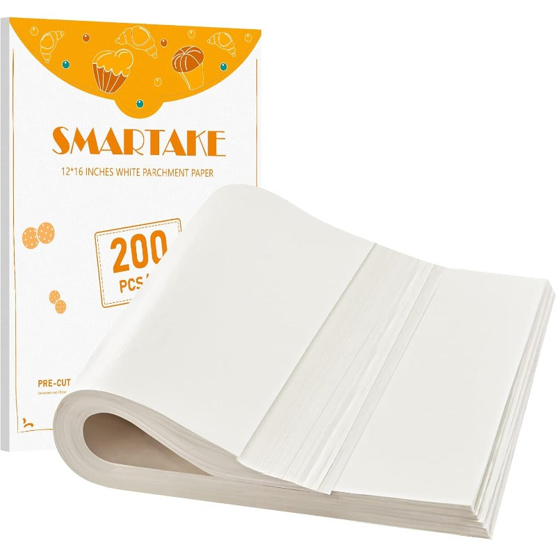 200pcs Precut Non-Stick Parchment Paper Baking Sheets 12x16 Inch - Pre-Cut to Size, No Curling, 450°F Safe, Food Grade Natural Wood Pulp for Baking, Grilling, Air Fryer, Steaming - Disposable & Space-Saving Box (, Bread, Cupcakes, Pizza), Grilling Liner,