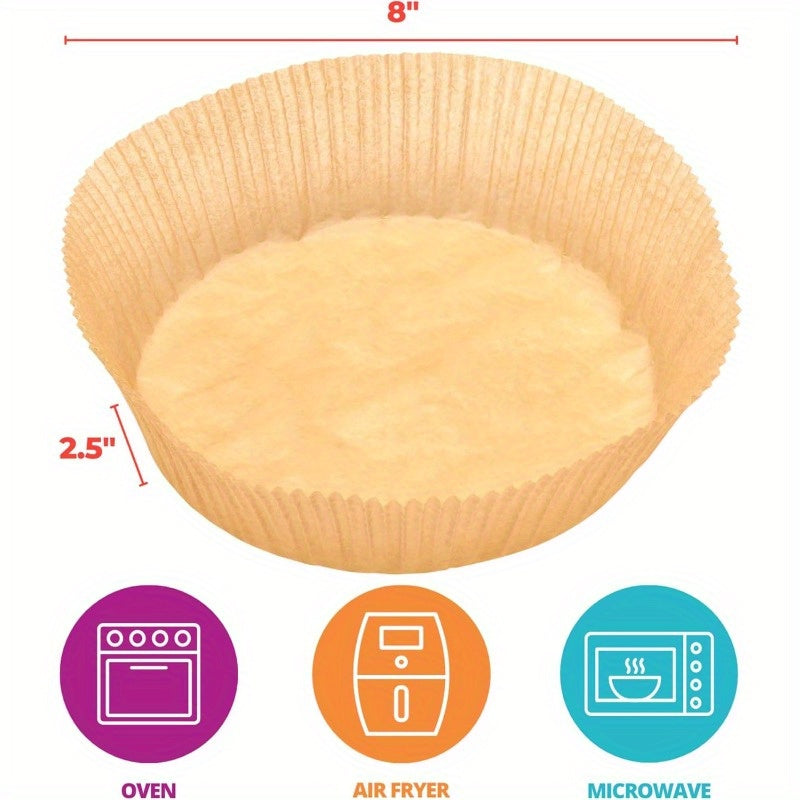 100-Pack of Round Baking Liners Made from Non-Stick, Greaseproof Silicone Paper, Suitable for Cakes And Pies, Also Usable As Air Fryer Liners., Also Used as Skillet Covers, Oven Cups, Roasting Folds, Meat, Vegetable, And Fruit Preparation, Paper Pans for