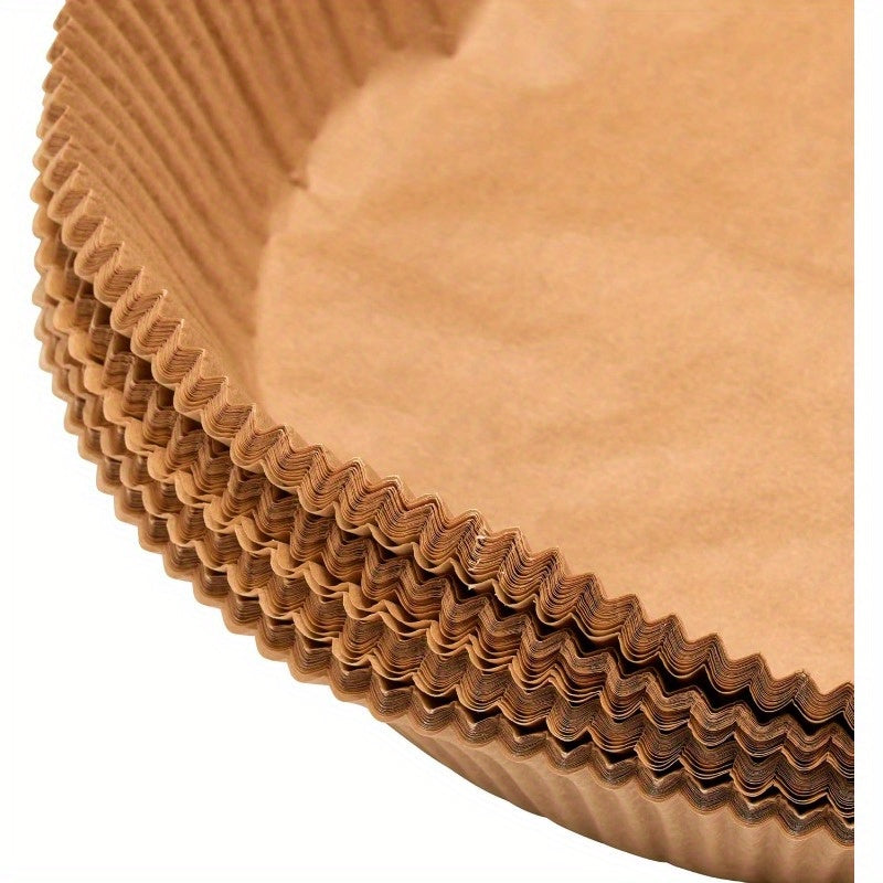 100-Pack of Round Baking Liners Made from Non-Stick, Greaseproof Silicone Paper, Suitable for Cakes And Pies, Also Usable As Air Fryer Liners., Also Used as Skillet Covers, Oven Cups, Roasting Folds, Meat, Vegetable, And Fruit Preparation, Paper Pans for