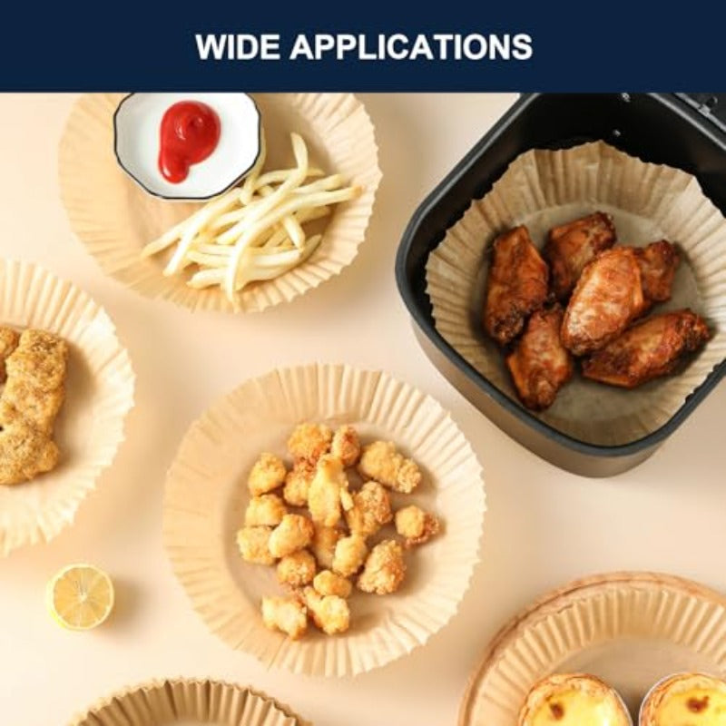 300pcs 7.9 Inch Round Air Fryer Baking Paper Liners - Non-Stick Parchment Sheets, Heat-Resistant up to 428°F, Compatible with 5-8QT Air Fryers, Microwaves, Ovens & Frying Pans - Disposable Greaseproof Liners for Pizza, Chicken Wings, Snacks (Natural Wood