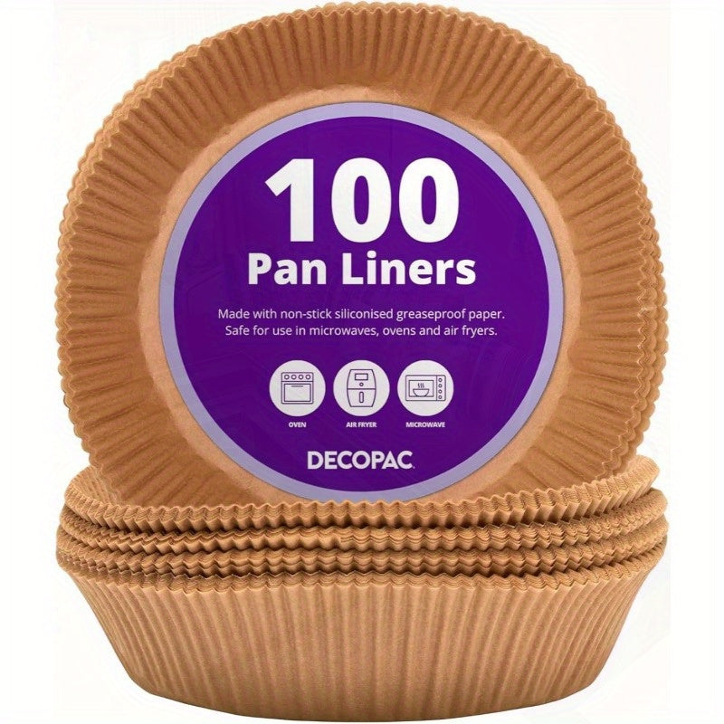 100-Pack of Round Baking Liners Made from Non-Stick, Greaseproof Silicone Paper, Suitable for Cakes And Pies, Also Usable As Air Fryer Liners., Also Used as Skillet Covers, Oven Cups, Roasting Folds, Meat, Vegetable, And Fruit Preparation, Paper Pans for